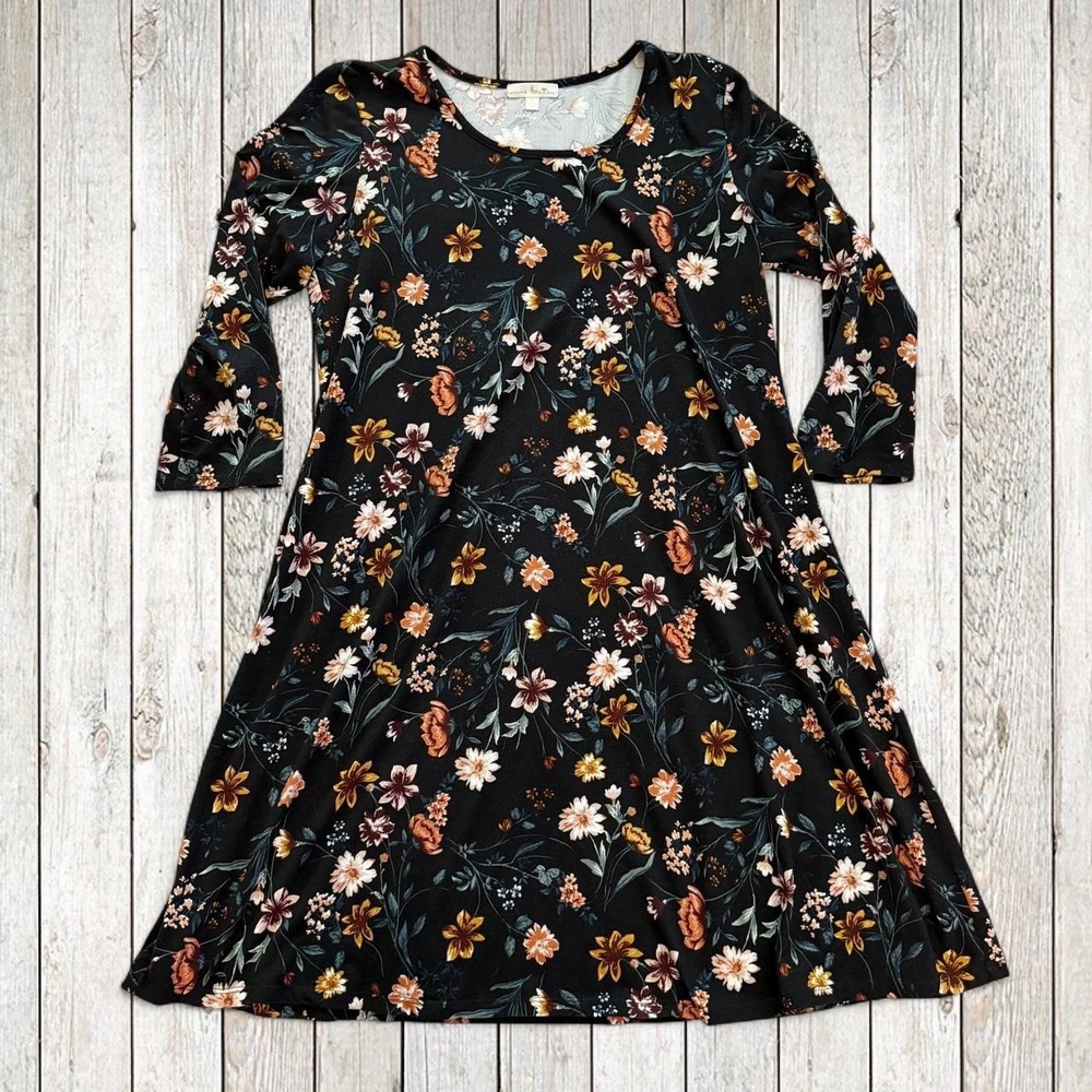 Mine Britton Black Floral Long Sleeve Swing Dress Fall Cottagecore Size L